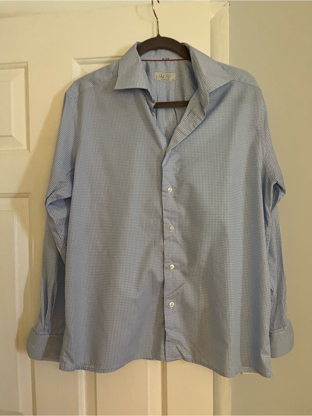 Eton Blue Micro-Check Spread Collar Dress Shirt